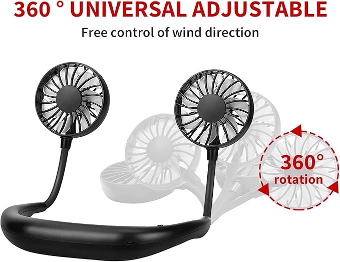 JUANANIUG Portable Neck Fan Rechargeable Personal HandFree Fan Mini USB Wearable Neckband Sport Fan 3 Speed Adjustable 360 Degrees Rotation Perfect for Working Traveling Office Reading (Full Black)