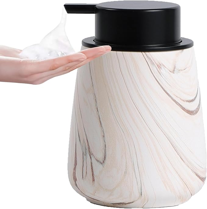 12Oz Foam Hand Soap Dispenser - Modern Ceramic Foaming Soap Dispenser with Easy-to-Press Pump, Reusable and Refillable Liquid Dish Soap Dispensers for Bathroom & Kitchen, Marble Brown