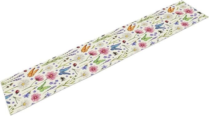 Flower Floral Table Runner, Butterfly Wildflowers Daisy Spring Summer Rustic Table Runner for Farmhouse Holiday Kitchen Dining Outdoor Home Party 13x60in