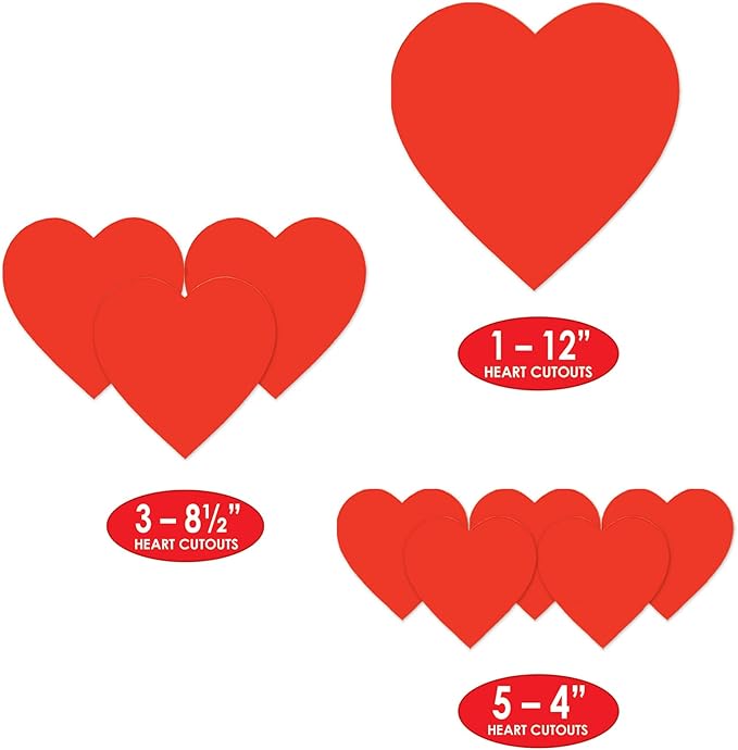 Beistle Printed Heart Cutouts – 9 Red Heart Cardstock Decorations in 3 Sizes for Valentine’s Day Displays, Wedding Celebrations, Romantic Events, Wall and Window Décor, 4”, 8.5”, 12”