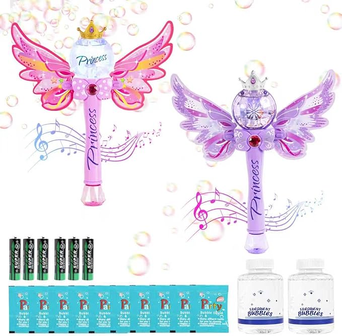 2 Pack Bubble Wands for Kids,Outdoor Party Birthday Bubble Toy for Toddlers,Light Up & Music Bubble Machine,Bubble Maker & Bubble Blower,Gift for Girls Age 3 4 5 6 Years Old.(Pink+Purple)