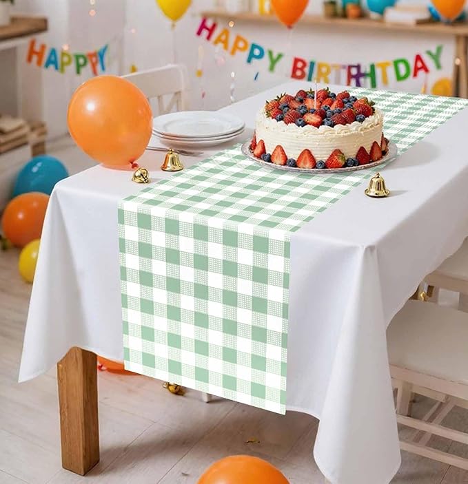 6 Pcs Sage Green and White Checkered Table Runner Plastic 14 x 108 Disposable Sage Green Gingham Table Runner for Birthday Wedding Baby Shower Party Table Centerpiece Decorations