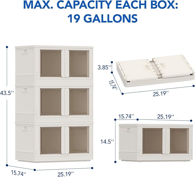 FLEXIMOUNTS 228 QT Stackable Storage Bins With Lids, Collapsible Plastic Storage Bins With Doors and Built-in Wheels For Home Dorm Closet Organizers and Storage, 3 Pack Cubes, Milky White