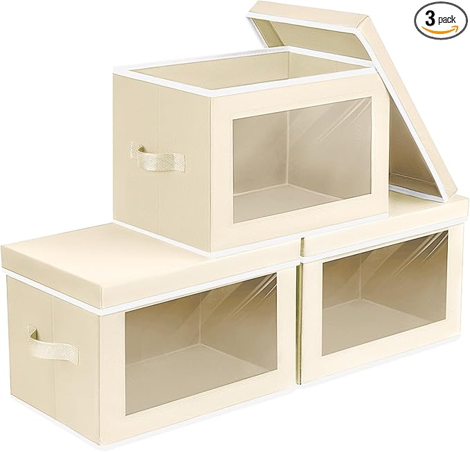 Homsorout Collapsible Storage Bins with Lids - Stackable Storage Boxes with Window, 15.7 Inch Fabric Organizing Bins for Closet, Home & Office Organization Baskets, Beige, 3 Pack