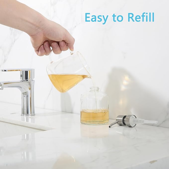 Clear Glass Soap Dispenser, 11 Oz Boston Round Bottle Dispenser with Stainless Steel Pump, Refillable Kitchen & Bathroom Countertop Dish Soap Dispenser, red Bronze