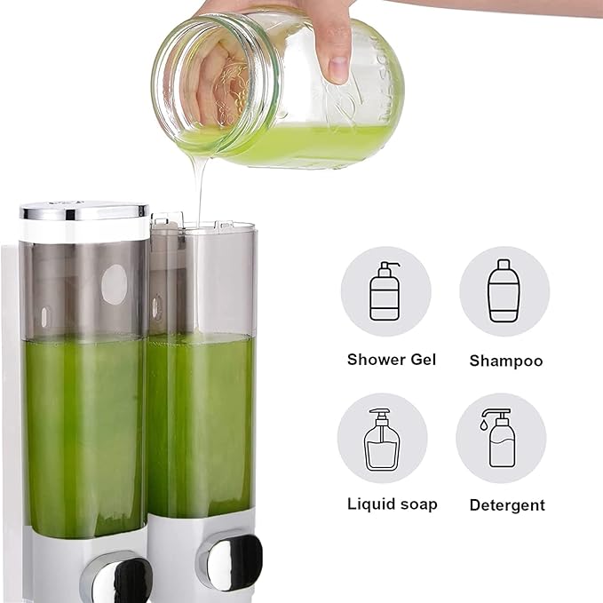 Wall Mounted Soap Dispenser Bathroom 2 Chambers, Shower 600ml Body Wash Soap Dispenser Set, Shampoo and Conditioner Dispenser Hand Pump for Toilet Bathroom Hotel Kitchen White