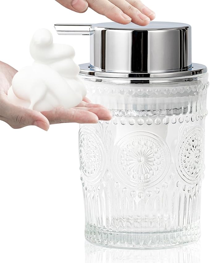 Small Foaming Soap Dispenser, 7 Oz Clear Glass Foam Hand Soap Dispenser for Bathroom, Hand Wash Dispenser with Silver Foam Pump, Refillable Liquid Dish Soap Foam Dispenser for Kitchen