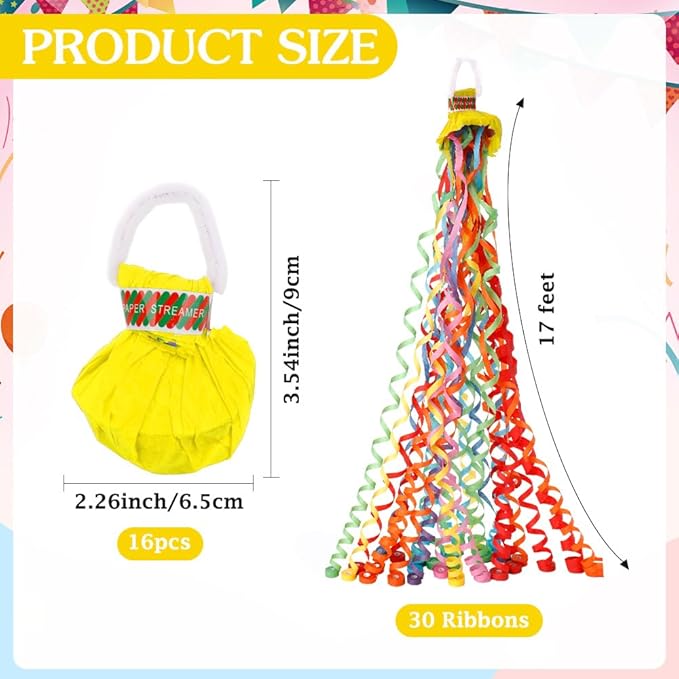 16Pack No Mess Streamers, Yellow Hand Thrown Streamer Poppers, No Mess Confetti Poppers, Party Poppers with Ribbons, Confetti Streamers for Birthday, Wedding, Celebrations, Graduation, Party Favors