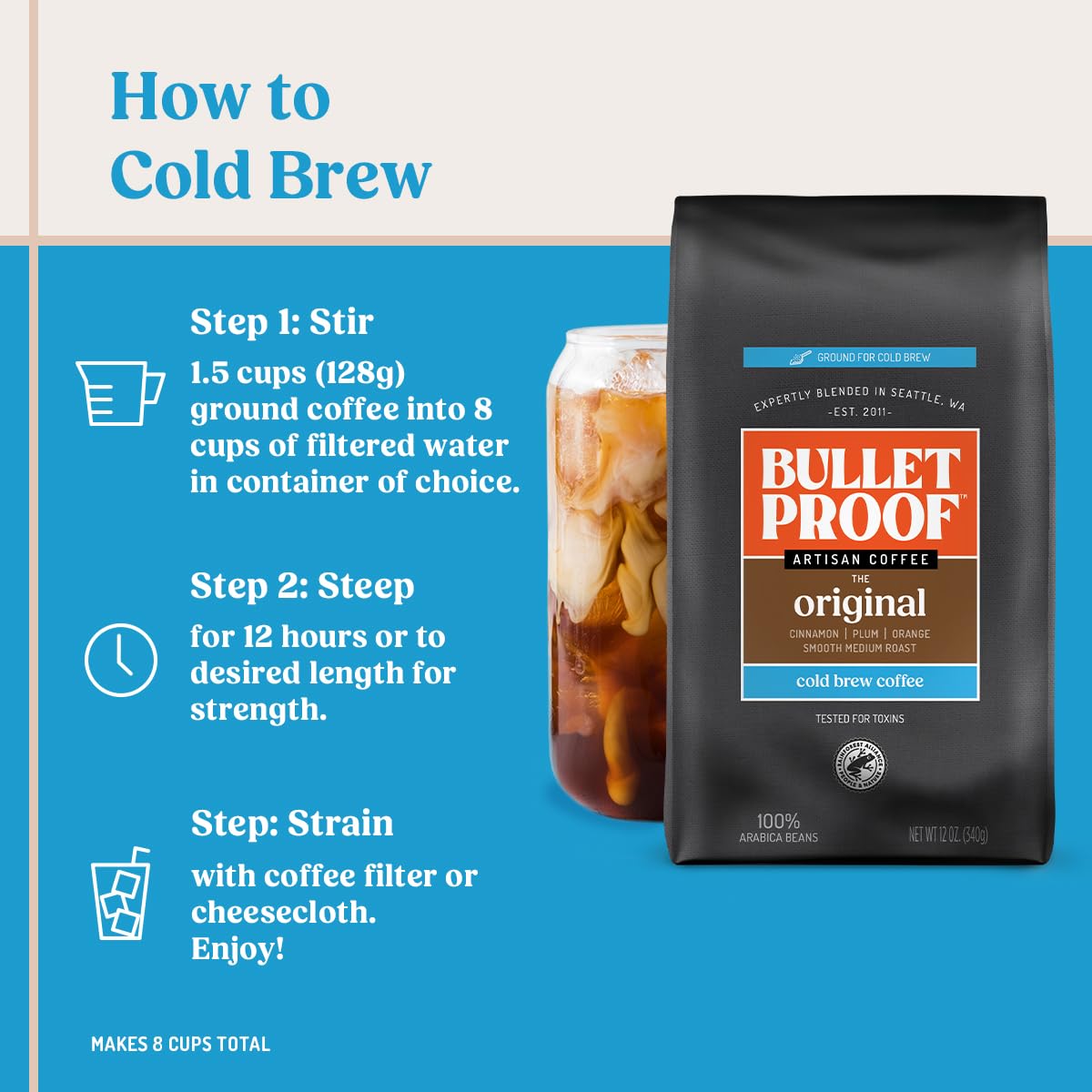Bulletproof Original Medium Roast Ground Cold Brew Coffee, 12 Ounces, Clean and Tested for Toxins