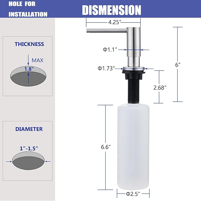 Soap Dispenser for Kitchen Sink Brushed Nickel, Sink Soap Dispenser Stainless Steel Refill from The Top Built in Sink Soap Dispenser with 17 OZ Soap Bottle