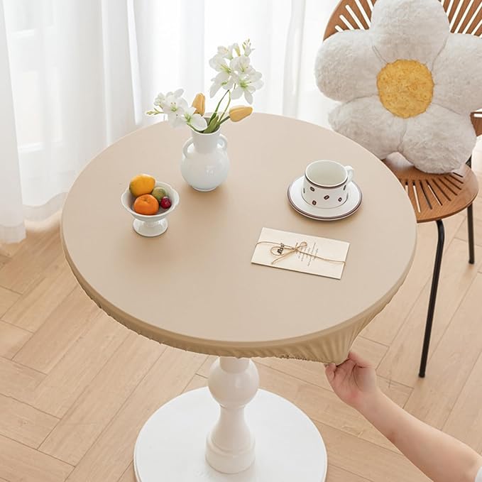 Round Fitted PU Tablecloth with High Elastic Edge 24 Inch Dia Waterproof Oil Proof Table Cloth Anti-Scald Stain-Resistant Wipeable Table Cover for Indoor Outdoor Picnic (Beige,24" Dia)