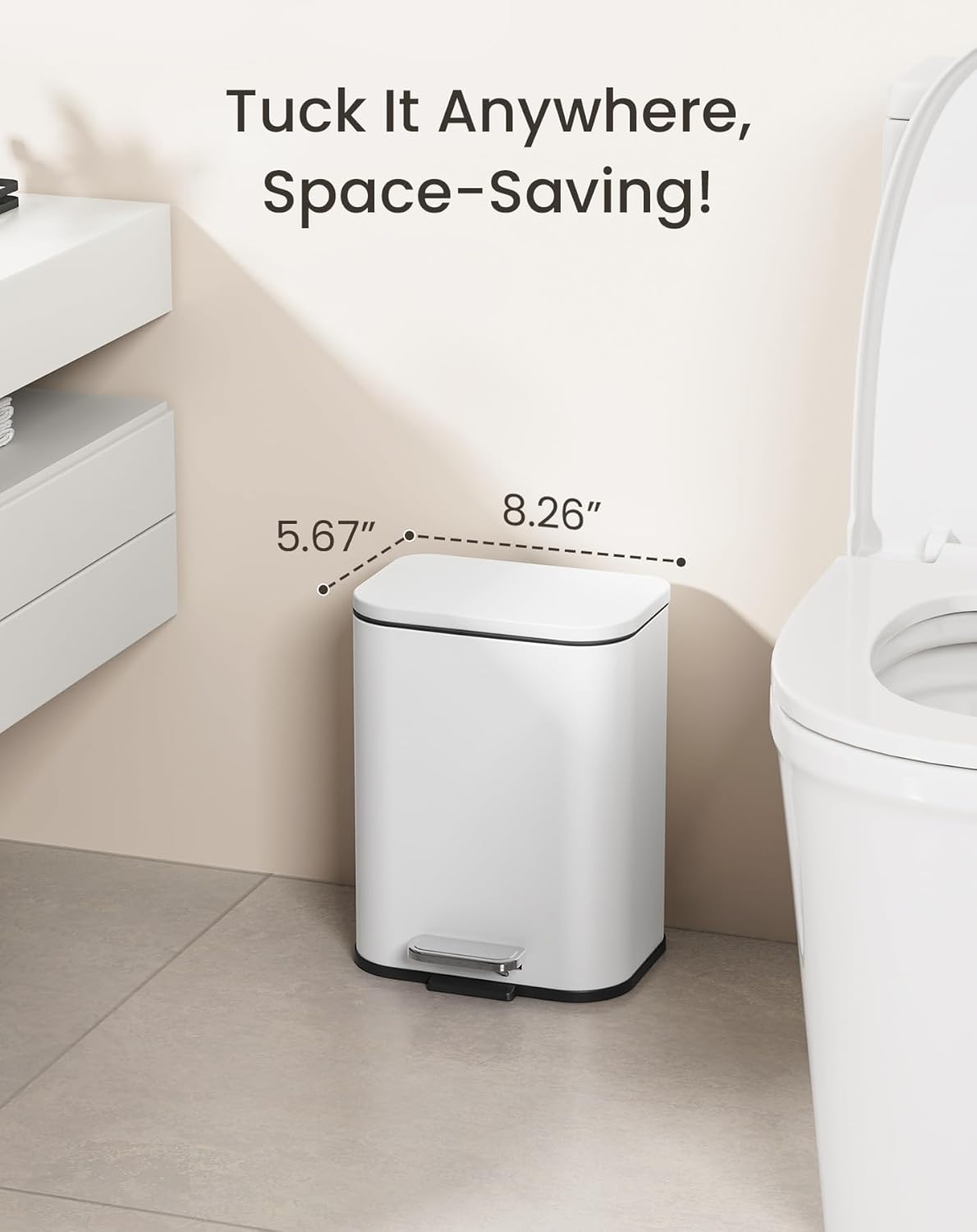 Cesun Small Bathroom Trash Can with Lid-1.3 Gal, Outdoor Stainless Steel Garbage Can for Dog Poop with Anti-Slip Base, for Bathroom, Bedroom, Office, RV, Living Room, White