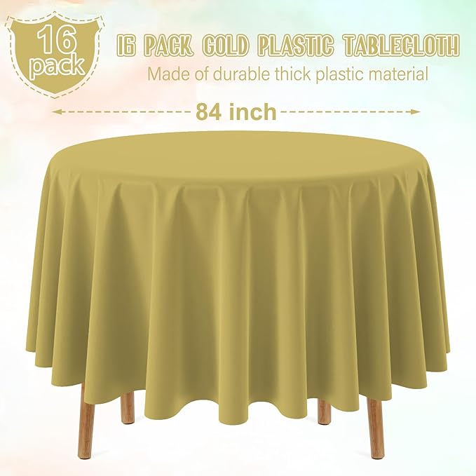 16 Pack Gold Plastic Tablecloth for Round Tables, Premium Decorative Gold Disposable Table Cloths for Parties, Bulk Round Party Table Cover for Birthday Wedding Anniversary Graduation, 84 Inch