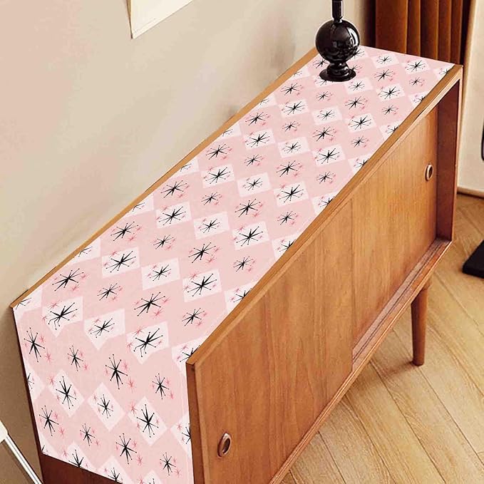 Pink Table Runner, Retro Mid Century 1950s Checkered Modern Abstract Geometric Coffee Table Center Decor for Home Kitchen Dining Patio Holiday Party Indoor Outdoor Table Decorations, 13"x108" Inch