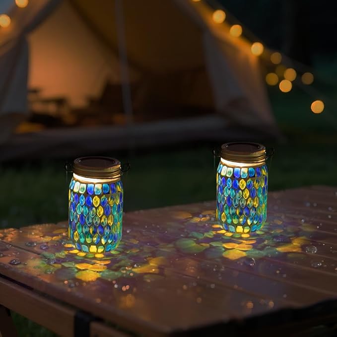 Starsoul 2 Pack Solar Lanterns Outdoor Waterproof, Decorative Teal Mosaic Glass Outdoor Lantern, Hanging Solar Garden Lights for Outside Pathway Patio Porch Yard Table, Gifts for Women Mom Grandma