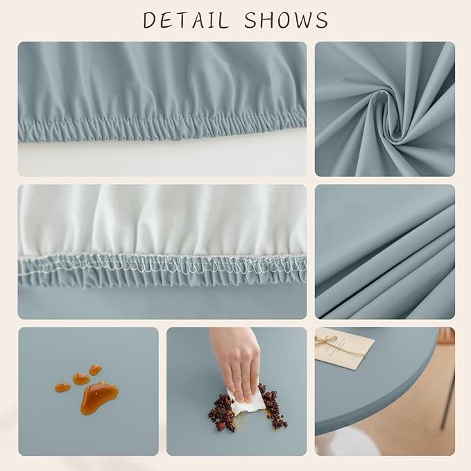 Round Fitted PU Tablecloth with High Elastic Edge 28 Inch Dia Waterproof Oil Proof Table Cloth Anti-Scald Stain-Resistant Wipeable Table Cover for Indoor Outdoor Picnic (Blue,28" Dia)