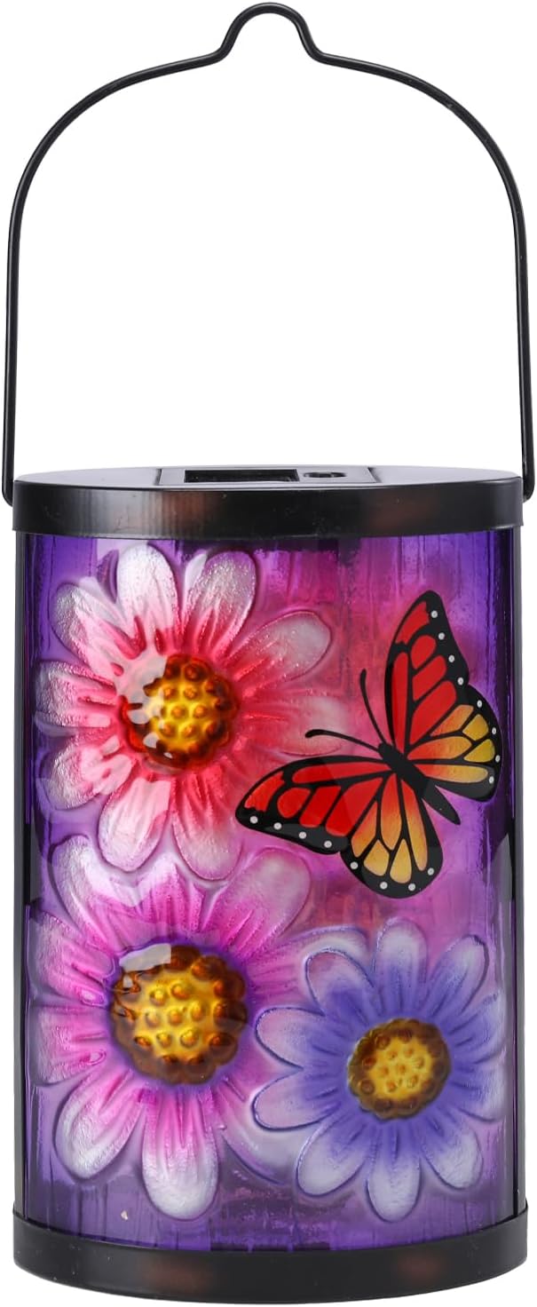 Afirst Hanging Solar Lantern Outdoor Butterfly Glass Lights Waterproof LED Lamp for Garden Yard Tree Desk Decor