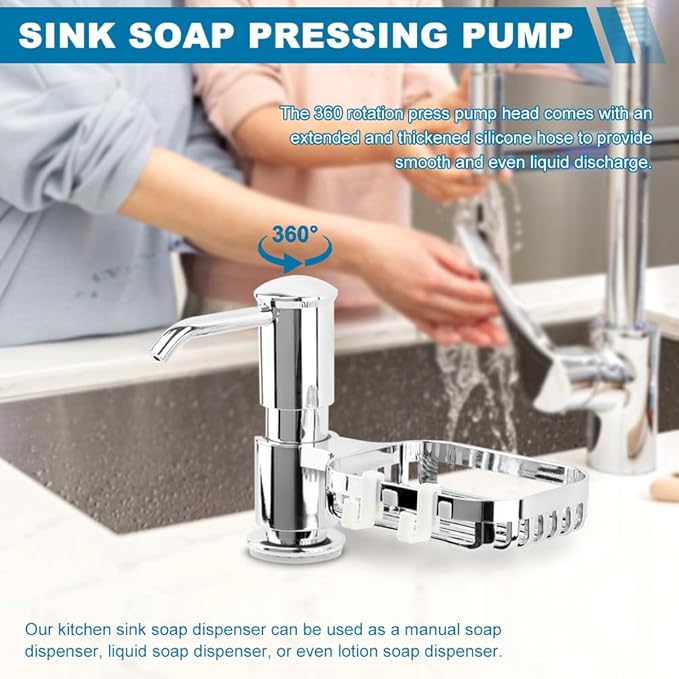 Soap Dispenser for Kitchen Sink, Built in Soap Dispenser Pump with Sponge Holder,Under Counter Brushed Nickel ABS Pump Head with 40" Extension Tube Kit(Silver)