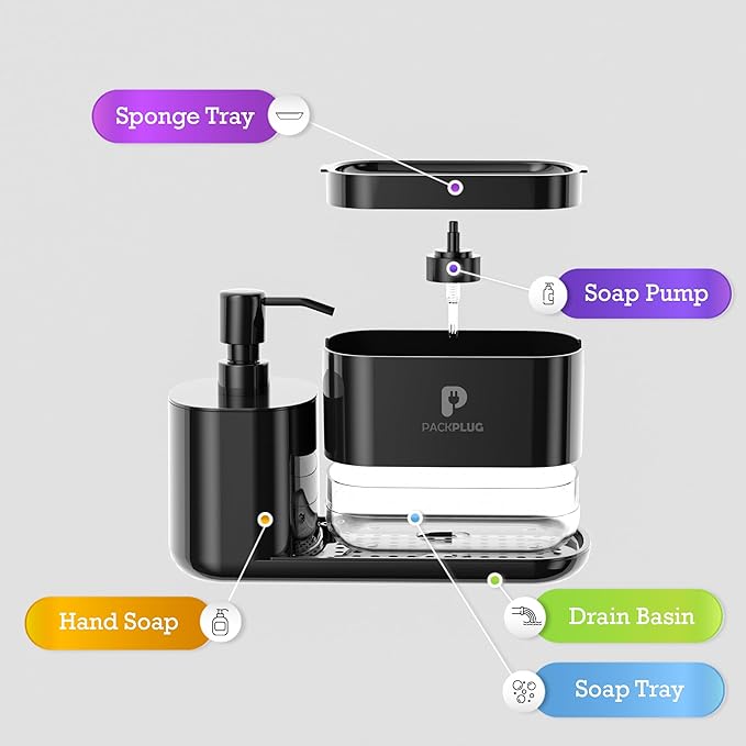Automatic Dishwasher Soap Dispenser Set, Satisfying Squeeze Double Soap Pump, Premium Sponge Tray, Kitchen Sink Organizer, Instant Refill Soap Holder, 2 Minutes cleanup, Hand Pressed, Modern (Black)