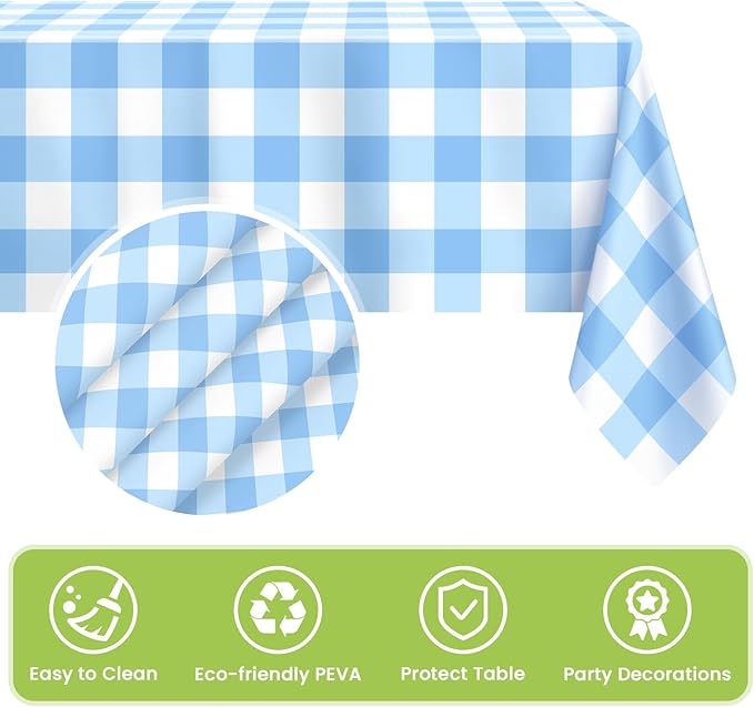 Mulbozy 4 Pcs Light Blue Checkered Tablecloth 54 ×108 Inches Rectangle Blue Gingham Tablecloth Disposable Plastic Waterproof Table Cover for Outdoor Picnic, Kitchen, Holiday Birthday Party