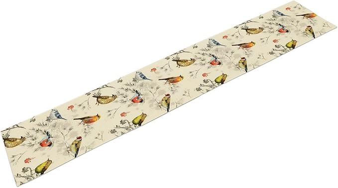 Vintage Bird Table Runner,Watercolor Winter Perching Birds Table Decoration for Kitchen Dining Table Holiday Indoor Outdoor Home Party Decor 13x70in