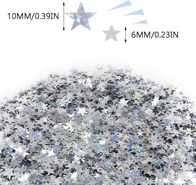 60g/2.1oz Glitter Star Confetti 6/10mm Metallic Foil Stars Sequin Holographic Stars Table Confetti for Party,Wedding,Birthday Decorations(Silver+Glowing Silver/XX-FGY+Y)
