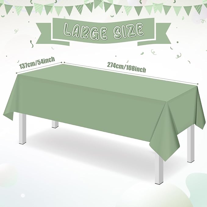 16 Pack Sage Green Plastic Tablecloth for Rectangle Tables, Premium Decorative Sage Disposable Table Cloths for Parties, Rectangle Party Table Cover for Birthday Wedding Baby Shower Party, 54x108 Inch