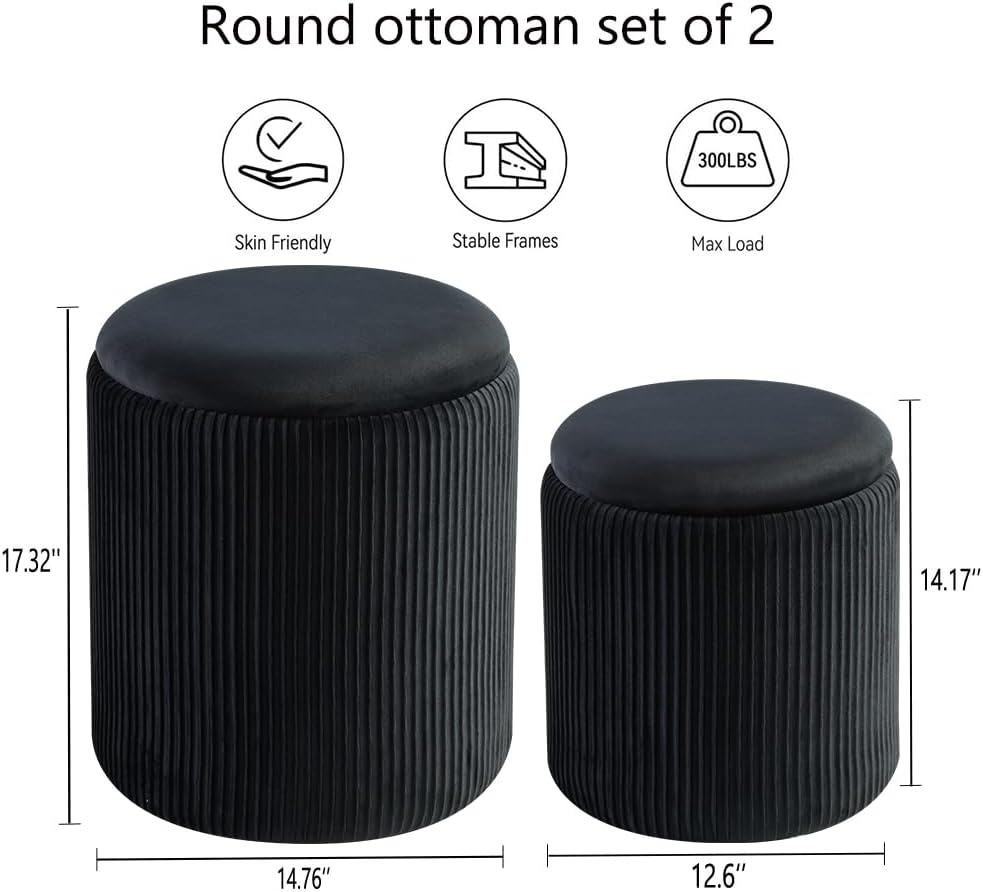 Round Ottoman with Storage Set of 2-Upholstered Velvet Vanity Stool for Makeup Multifunctional Ottomans Coffee Table Padded Seat Foot Rest for Living Room&Bedroom (Black-Upgrade Tray Lid)