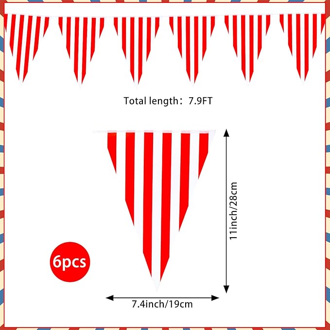 6 Pack Carnival Circus Party Decorations Red White Striped Pennant Banner 9.12ft String Circus Carnival Triange Pennant Bunting Flags for Birthday Carnival Party Supplies for Kids Adults