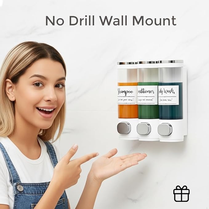 Soap Dispenser - 3 Chamber - 3x300ml - No Drill Wall Mount Bottles Organizer Toiletries for Cream Lotion Liquid Soaps Shampoo Conditioner Storage - Modern Essentials Bathroom Set - White 1