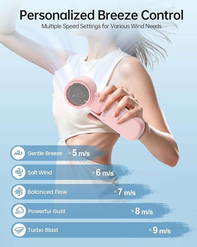 TriPole Portable Handheld Turbo Fan with Digital Display, 3-IN-1 Rechargeable Mini Travel Fan, Battery Operated, Foldable for Desk & Neck, High Speed Personal Cooling Fans for Outdoor Trip Beach, Pink