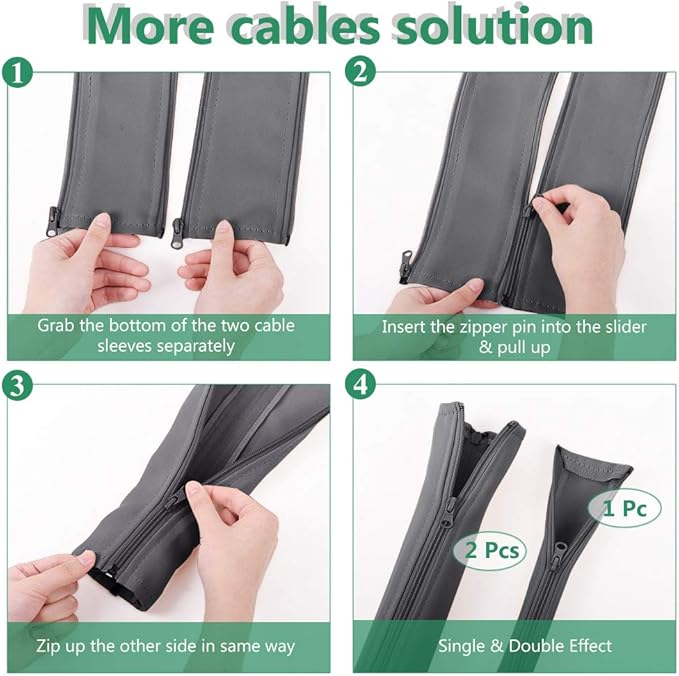 StangH Cable Management Sleeve Organizer - 19 Inch Home and Office Zip-up Cable Sleeve Wire Organizer Flexible Cord Concealer Wrap, Electrical Cord Covers for TV/Computer/Desk, 4 Pieces -Grey