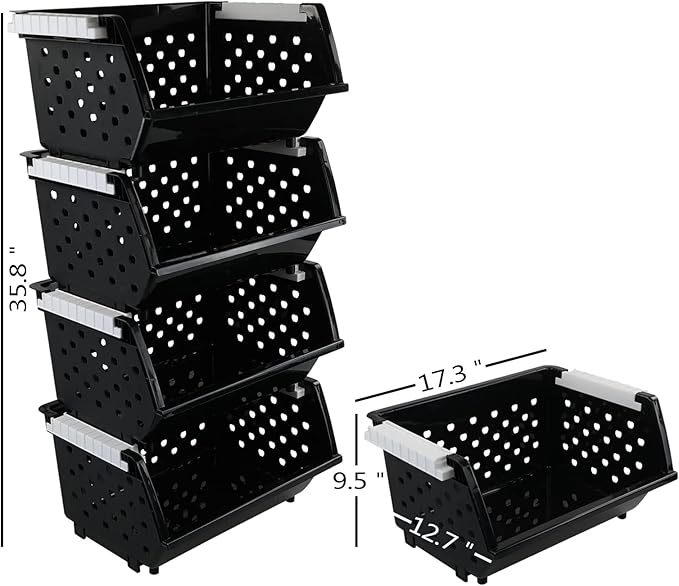 Wekioger 4 Pack Plastic Stackable Storage Baskets, Large Stacking Organizer Bins, Black