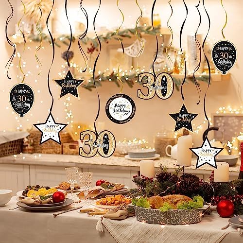 Happy 30th Birthday Black & Gold Glitter Swirls Streamers Party Decorations - 15 Pcs 30th Birthday Hanging Swirls Streamers Kit,Cheers to Thirty Years Old Bday Party Sign.