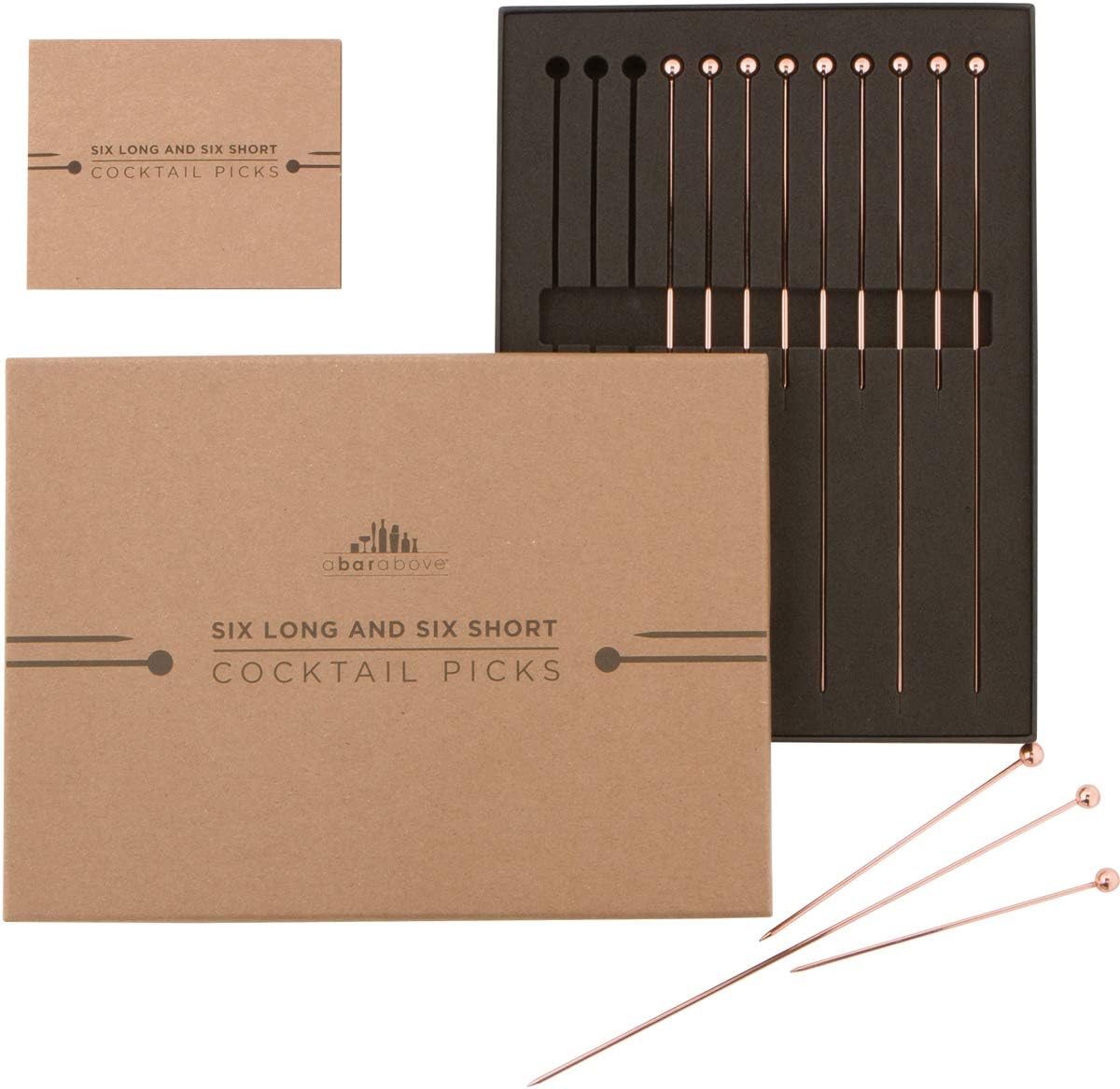 A Bar Above Antique Copper Cocktail Picks, 12 Reusable Metal Drink Garnish Sticks for Appetizers, Shrimp Cocktail, and Bloody Mary Skewers