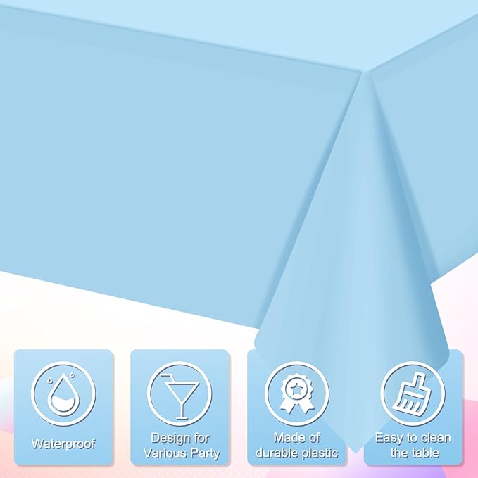 16 Pack Light Blue Plastic Tablecloth for Rectangle Tables, Premium Decorative Baby Blue Disposable Table Cloths for Parties, Rectangle Party Table Cover for Birthday Wedding Baby Shower, 54x108 Inch