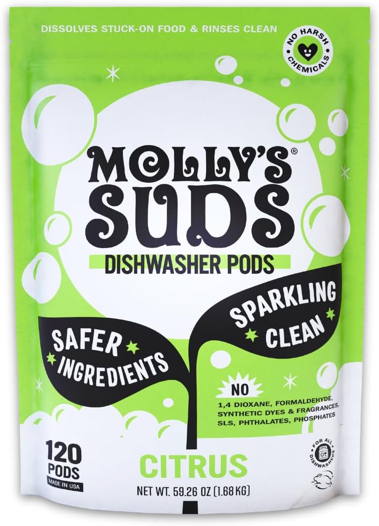 Molly's Suds Dishwasher Pods | Clean Dishwasher Detergent, Cuts Grease & Rinses Clean (Residue-Free) for Sparkling Dishes | 120 Auto-Release Tabs (Citrus)