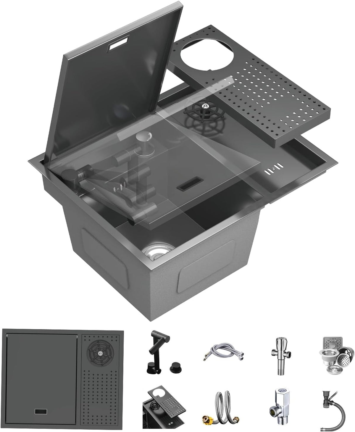 Bar Sink 21.6 x 17.7 Inch Topmount Smart Kitchen Sinks Stainless Steel Western Kitchen Sink Center Island Single Bowl Workstation with Press Cup