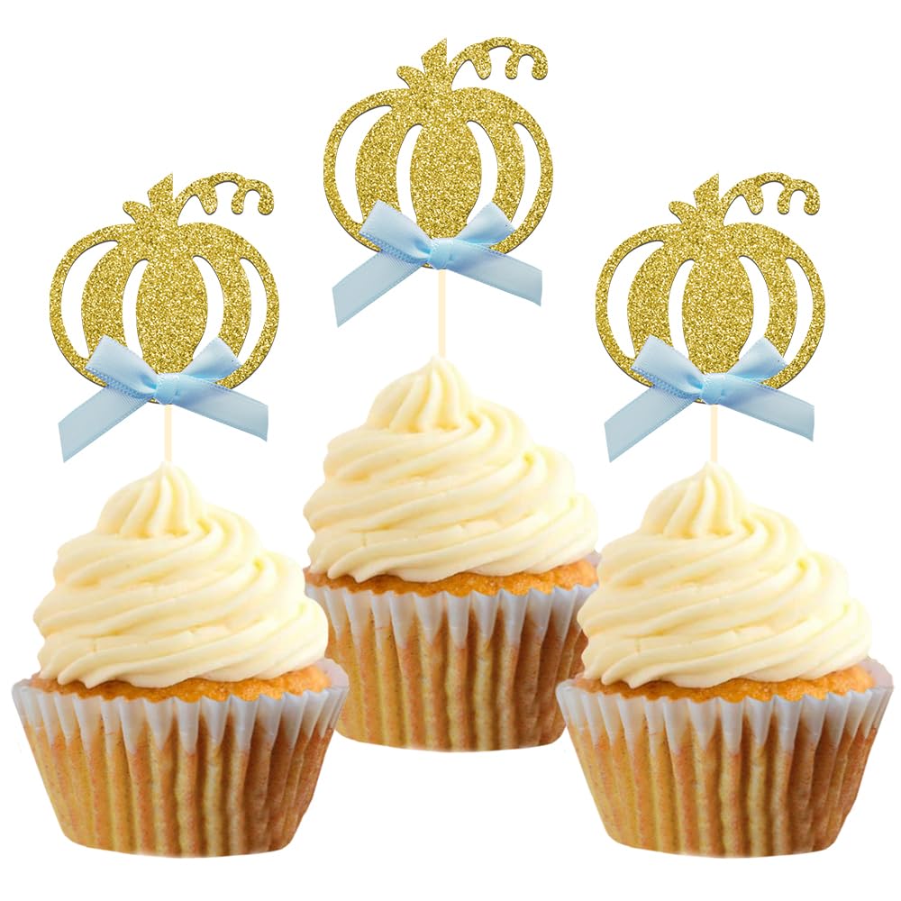 24pcs Pumpkin Cupcake Toppers, Fall Theme Cake Decoration for Baby Shower Party Supplies (Blue Bow)