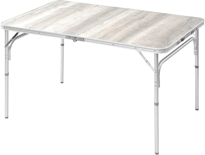 Campers Collection YAT-1280 (BWH) Aluminum Folding Table, Camping, Outdoors, Foldable, Easy Assembly, Heat Resistant and Drip Resistant, Lightweight, 2 Height Levels, White Wood Style