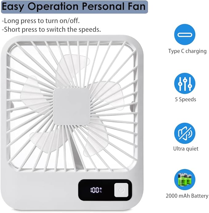 Small Desk Fan, Portable USB Rechargeable Fan, Tilt Folding Personal Mini Fan with 2000mAh Battery and LCD Display, Strong Wind, Ultra Quiet, 5 Speed Modes for Office, Home, Camping