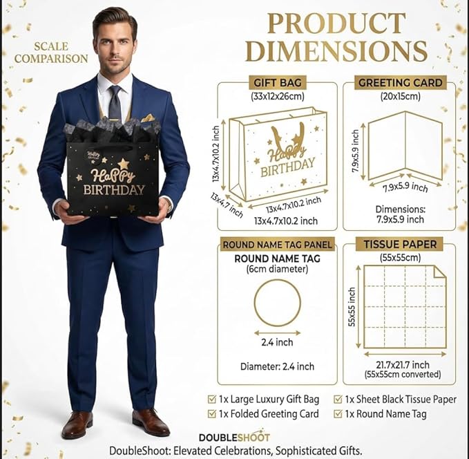 DOUBLESHOOT Black Birthday Gift Bag with Tissue Paper and Greeting Card, Medium Gift Bag 13 x 10.2 x 4.9 inches, Gold Foil Happy Birthday Stars and Dots Design, Gift Wrap Bag for Men, Boys, Dad, Him