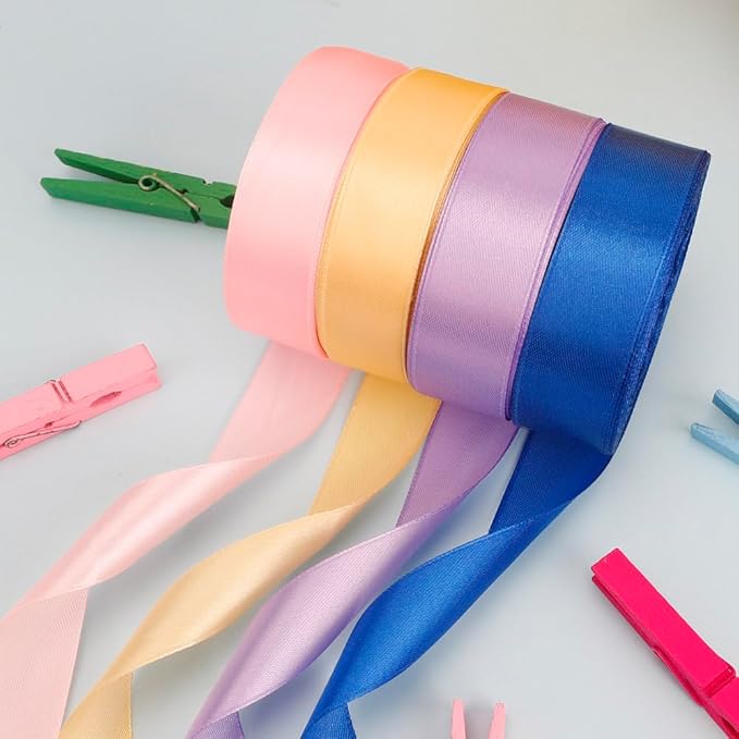 Multicolor Ribbon Set - 4 Rolls, 1 Inch x 23m, Gold, Blue, Purple, Satin, 4th of July, Graduation, Navy Blue, Light Pink, Gift Wrapping
