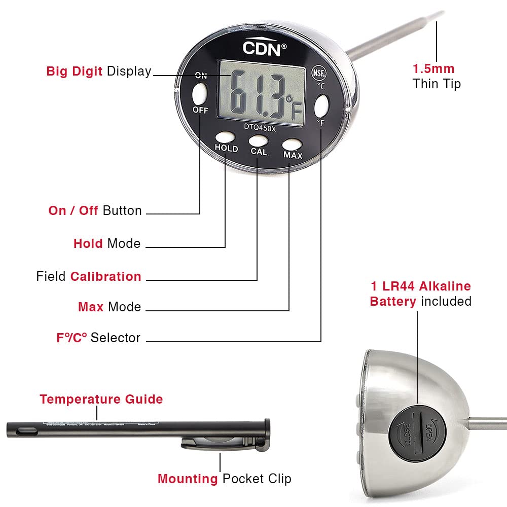 CDN Thin Tip Thermometer, ProAccurate®, 4.75" Stem, Digital, Hold, Max, Waterproof, NSF Certified, Ideal for Cooking, Brewing - DTQ450X