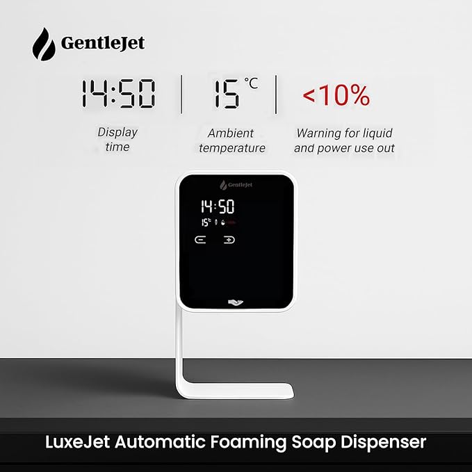 GentleJet LuxeJet Automatic Foaming Soap Dispenser – Touchless Sensor, LED Display, 5 Foam Levels, Wall Mount or Countertop, Rechargable USB-C or Battery Powered, Aluminum Alloy, 480 ml Refillable