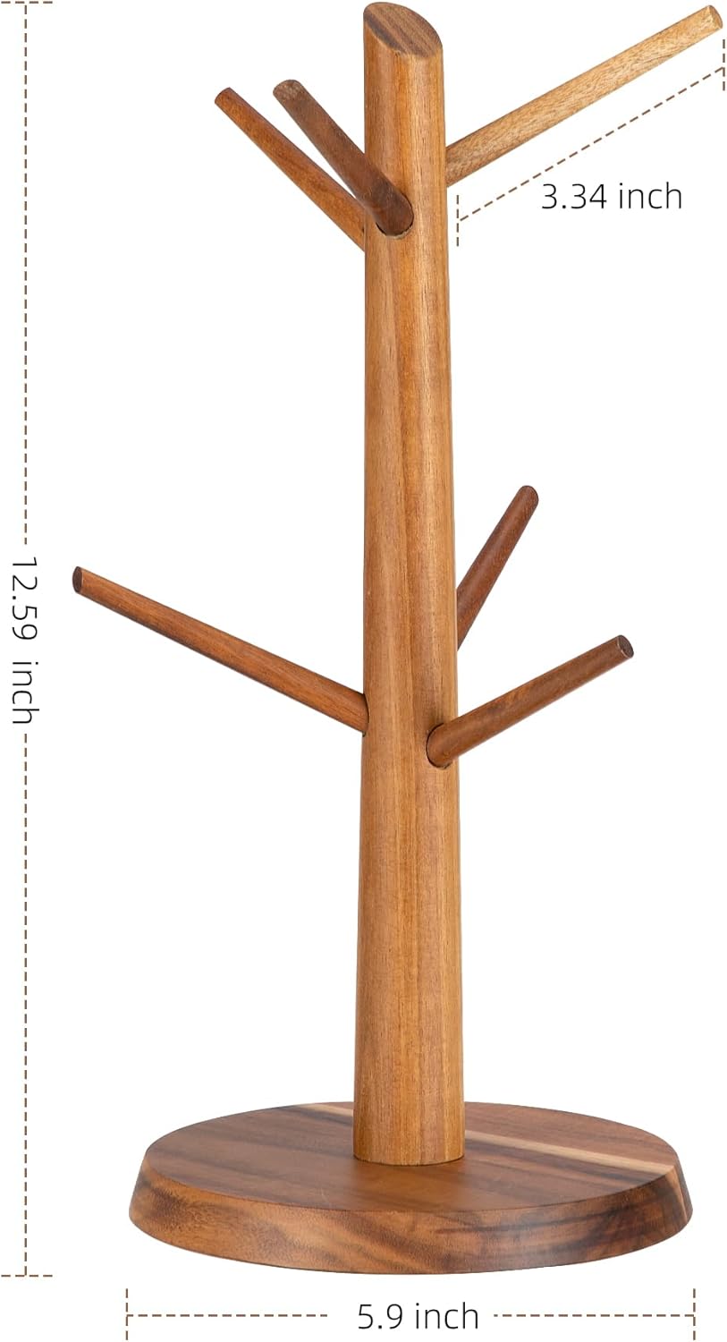 Acacia Wood Mug Holder Tree, 6 Hooks Wooden Mug Organizer for Kitchen Counter & Coffee Bar, Easy to Assemble, Natural Wood Color