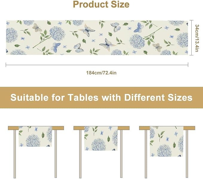 Spring Hydrangea Table Runner, Summer Moth Watercolor Sky Blue Butterfly Flowers Rustic Farmhouse Garden Print Table Cover for Kitchen Dining Room Table Home Party Decor,13x108inch
