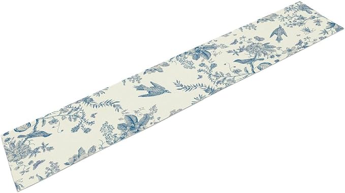 Spring Flower Table Runner, Farmhouse Vintage Blue White Floral Bird Print Table Runner for Kitchen Dining Table Party Wedding Decor, 13x120inch
