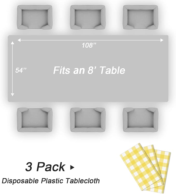 QIKSION Yellow Gingham Tablecloth Disposable 3 Pack, 54 x 108 Inch Yellow and White Checkered Table Cloth for Easter Decorations, Birthday Party Supplies, Rectangle, Plastic Table Cover