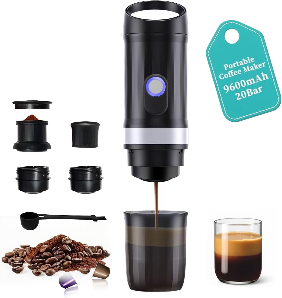 3-in-1 Portable Coffee Maker Fits For Ground Coffee & Capsule Pod(NS&DG),9600mAh&20Bar Mini Battery Espresso Machine For Camping, Office, RV, Travel